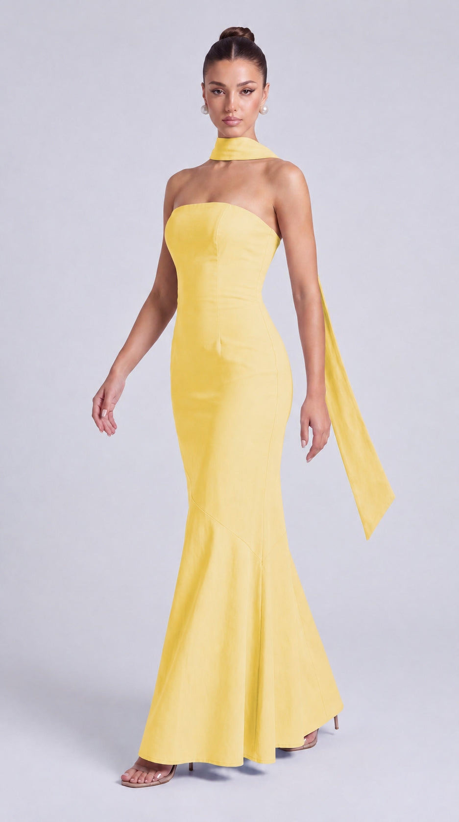 Strapless Scarf-Tie Lace-Up Side Mermaid Maxi Dress – Prom & Evening Gown - Yellow - View 8