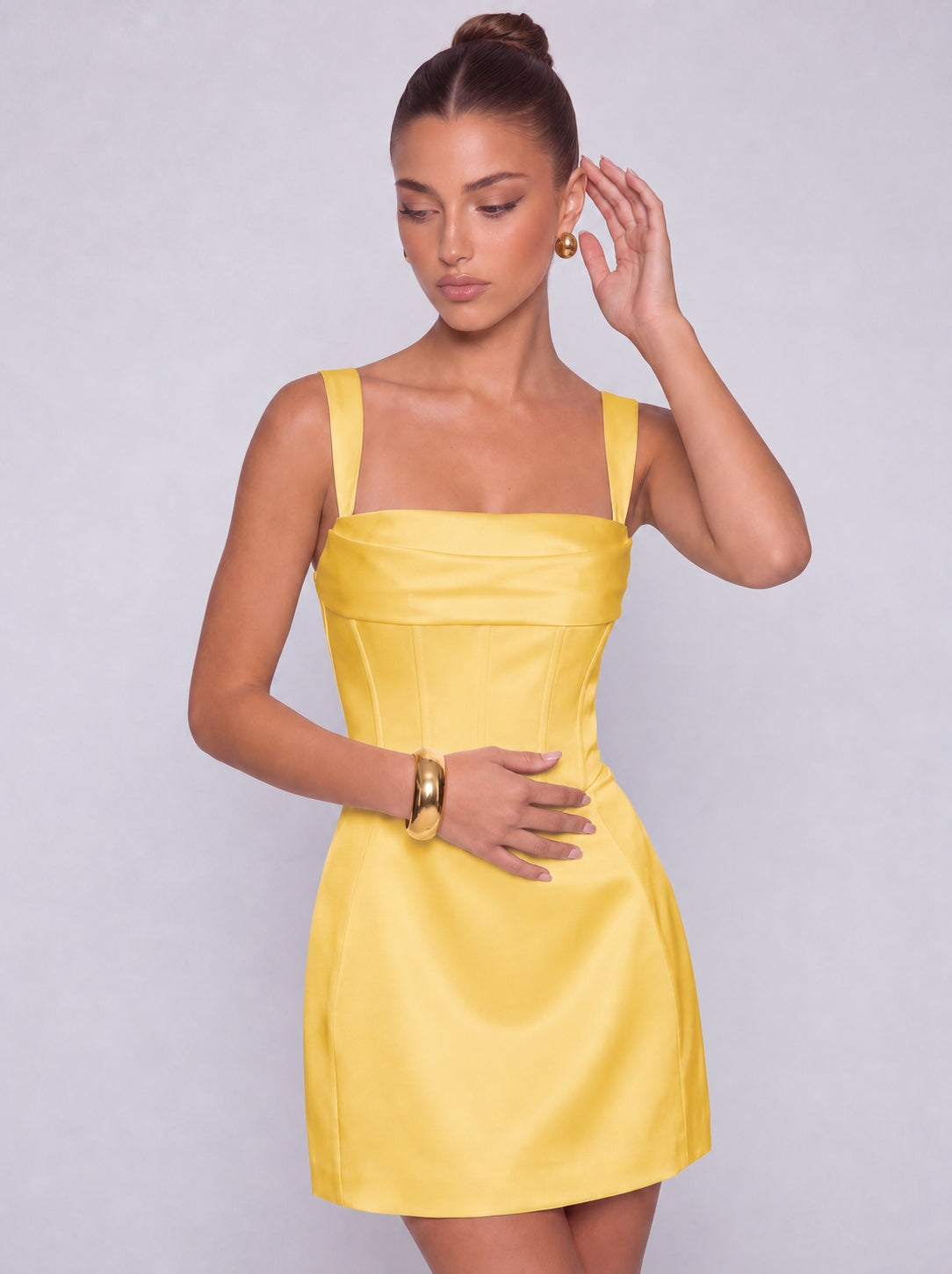 Satin Corset Square Neck Mini Dress – Party & Cocktail Dress - Yellow - View 6