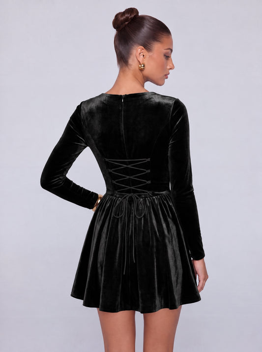 MEXMY black velvet mini dress, back view with lace-up corset detail