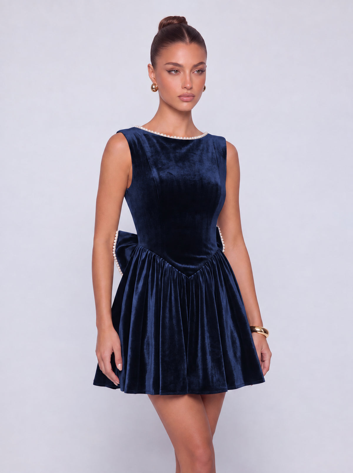 Sleeveless Velvet Pearl-Trim Lace-Up Back Bow Flared Skater Mini Dress – Party & Cocktail Dress - Navy Blue - View 7