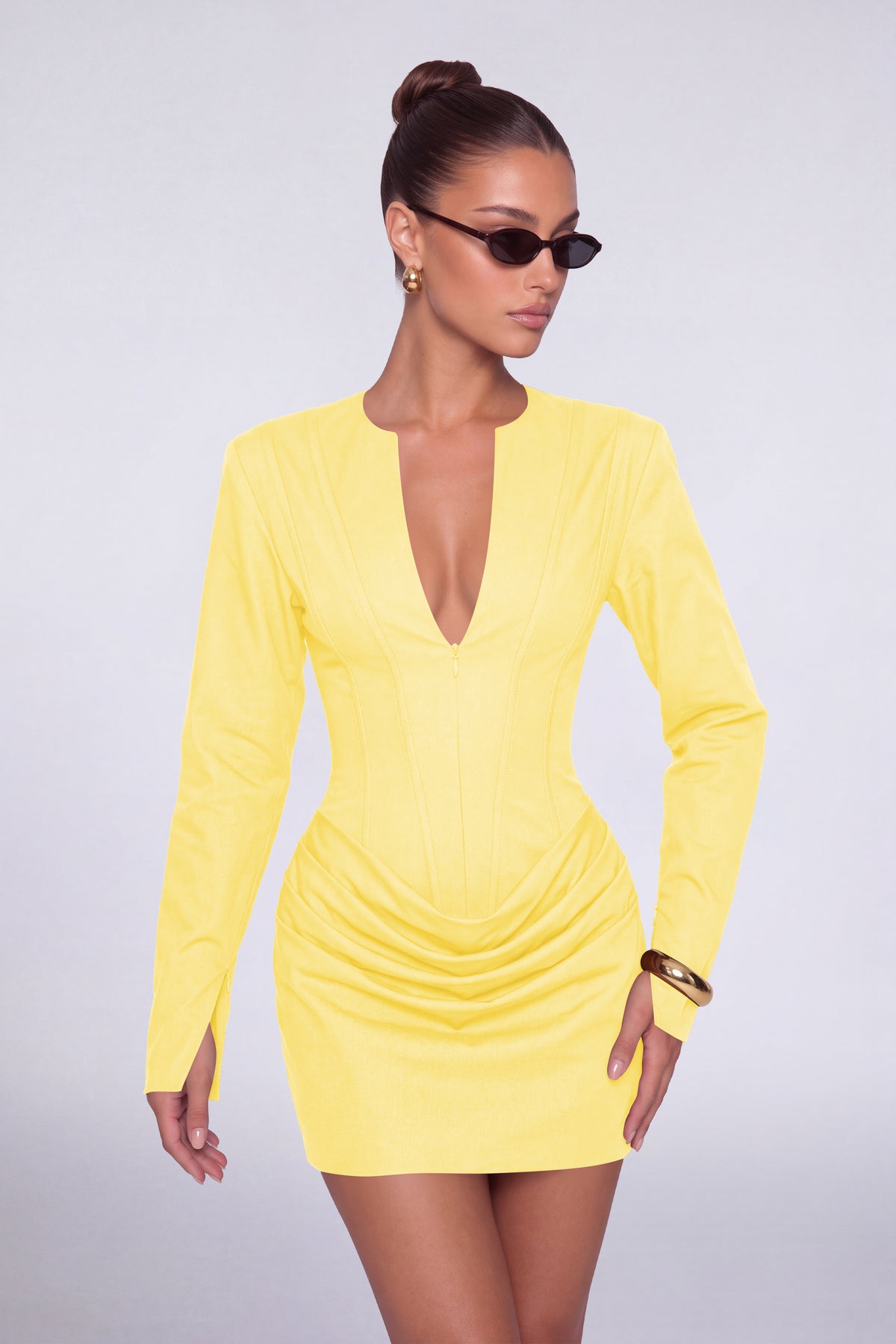 MEXMY Plunge-V Ruched Lace-Up Back Long-Sleeve Mini Dress - Yellow - View 6