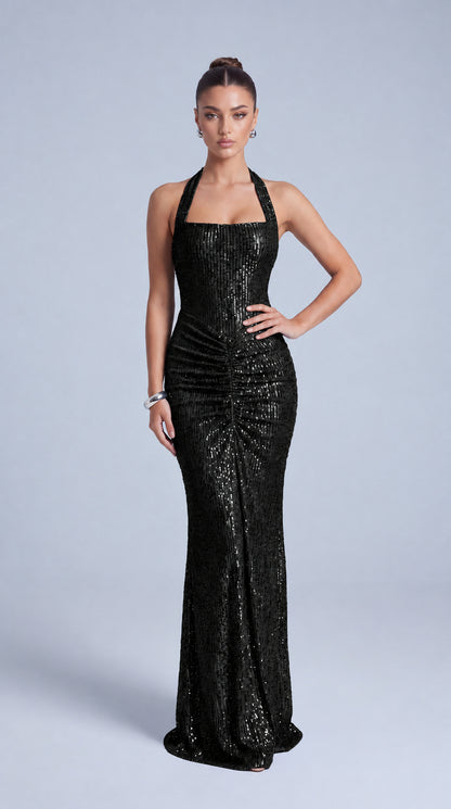 Square-Neck Halter Sequin Ruched Mermaid Gown – Prom & Evening Dress - Black - View 1