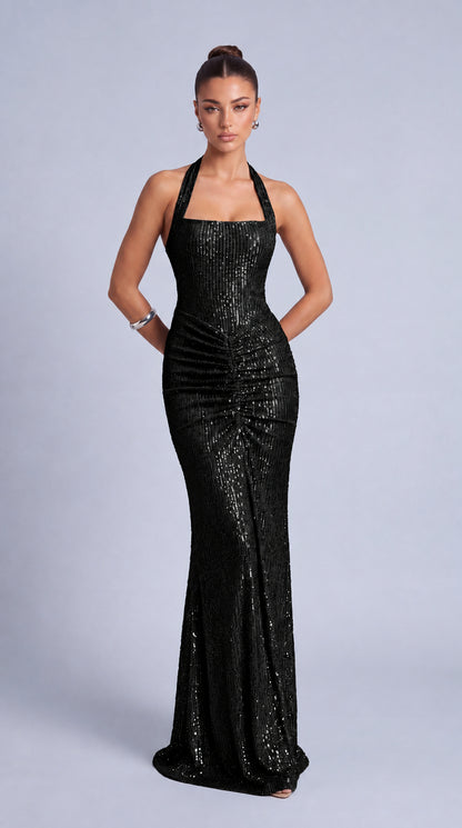 Square-Neck Halter Sequin Ruched Mermaid Gown – Prom & Evening Dress - Black - View 5