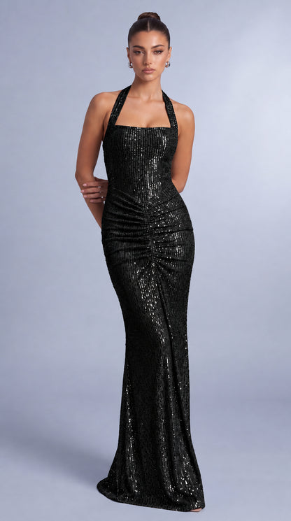 Square-Neck Halter Sequin Ruched Mermaid Gown – Prom & Evening Dress - Black - View 6
