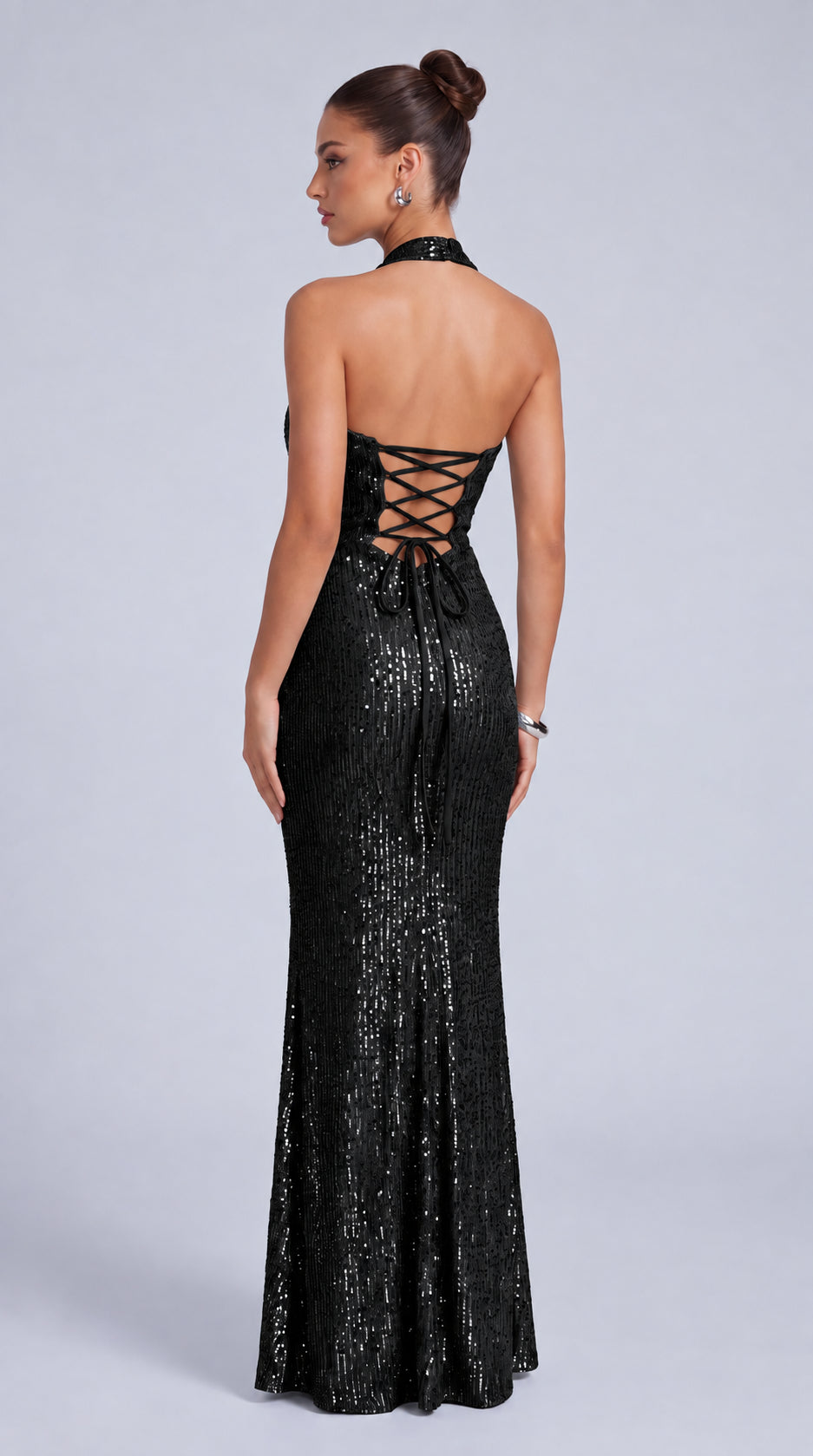 Square-Neck Halter Sequin Ruched Mermaid Gown – Prom & Evening Dress - Black - View 8