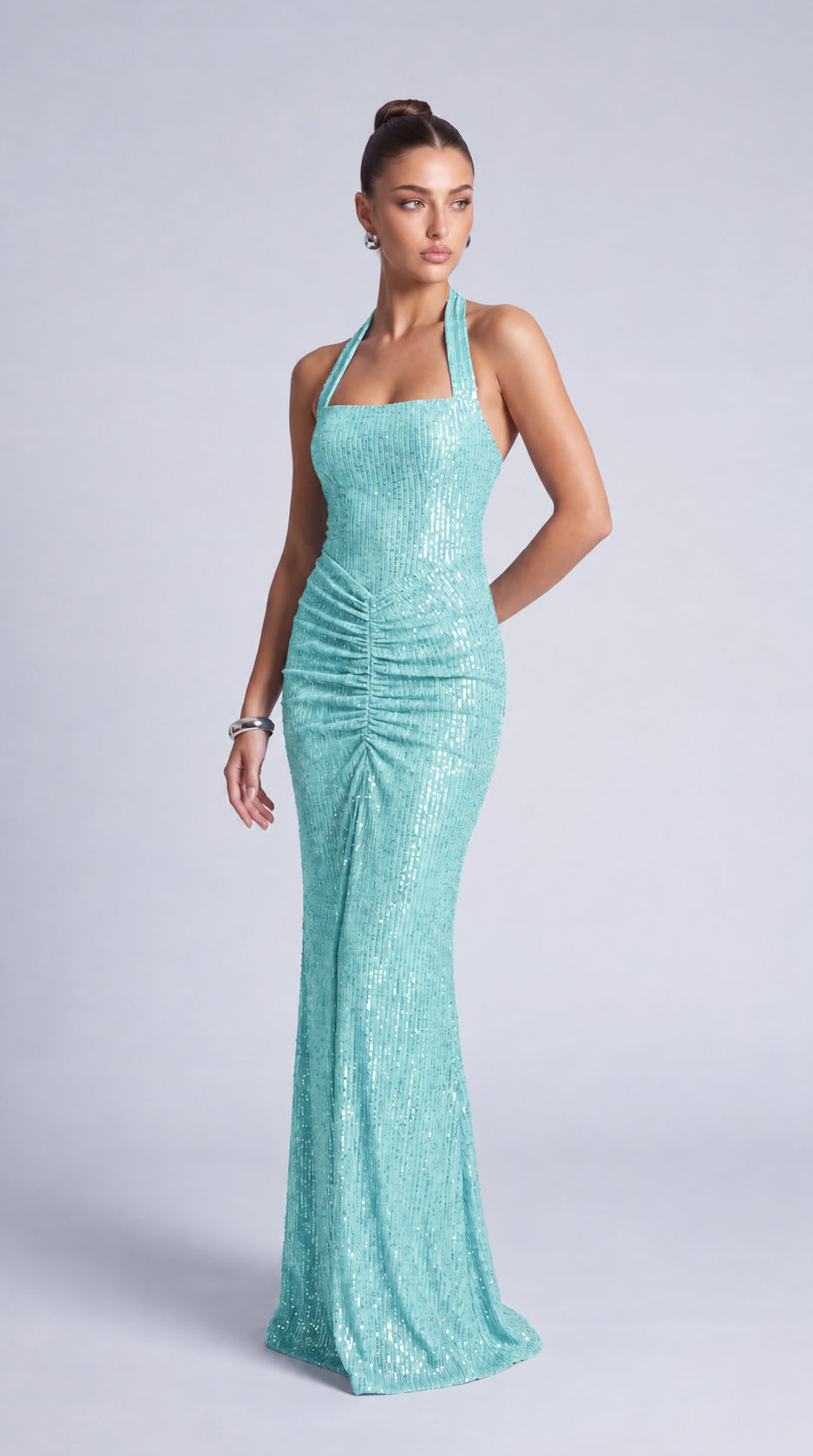 Square-Neck Halter Sequin Ruched Mermaid Gown – Prom & Evening Dress - Light Blue - View 4