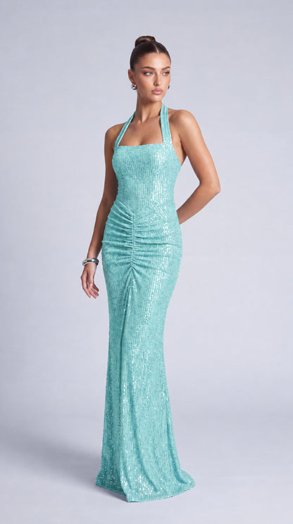 Square-Neck Halter Sequin Ruched Mermaid Gown – Prom & Evening Dress - Light Blue - View 4