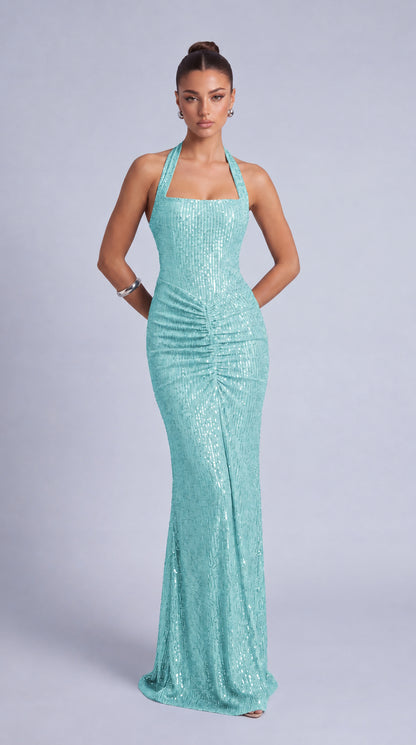 Square-Neck Halter Sequin Ruched Mermaid Gown – Prom & Evening Dress - Light Blue - View 5
