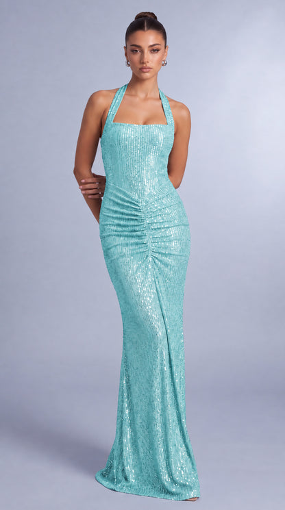 Square-Neck Halter Sequin Ruched Mermaid Gown – Prom & Evening Dress - Light Blue - View 6