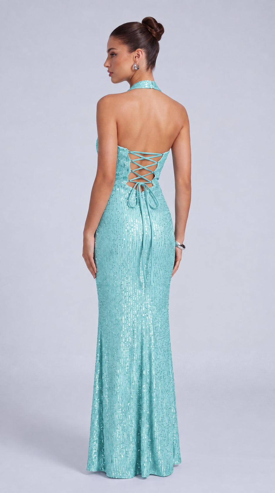 Square-Neck Halter Sequin Ruched Mermaid Gown – Prom & Evening Dress - Light Blue - View 8