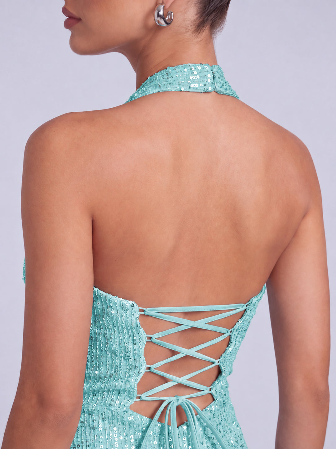 Square-Neck Halter Sequin Ruched Mermaid Gown – Prom & Evening Dress - Light Blue - View 9