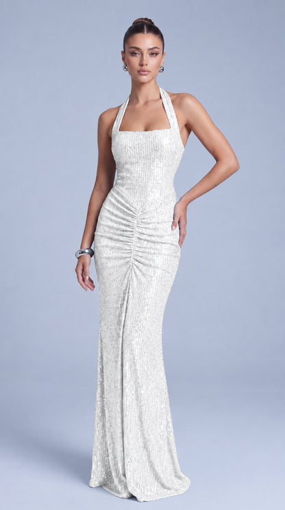 Square-Neck Halter Sequin Ruched Mermaid Gown – Prom & Evening Dress - White - View 2