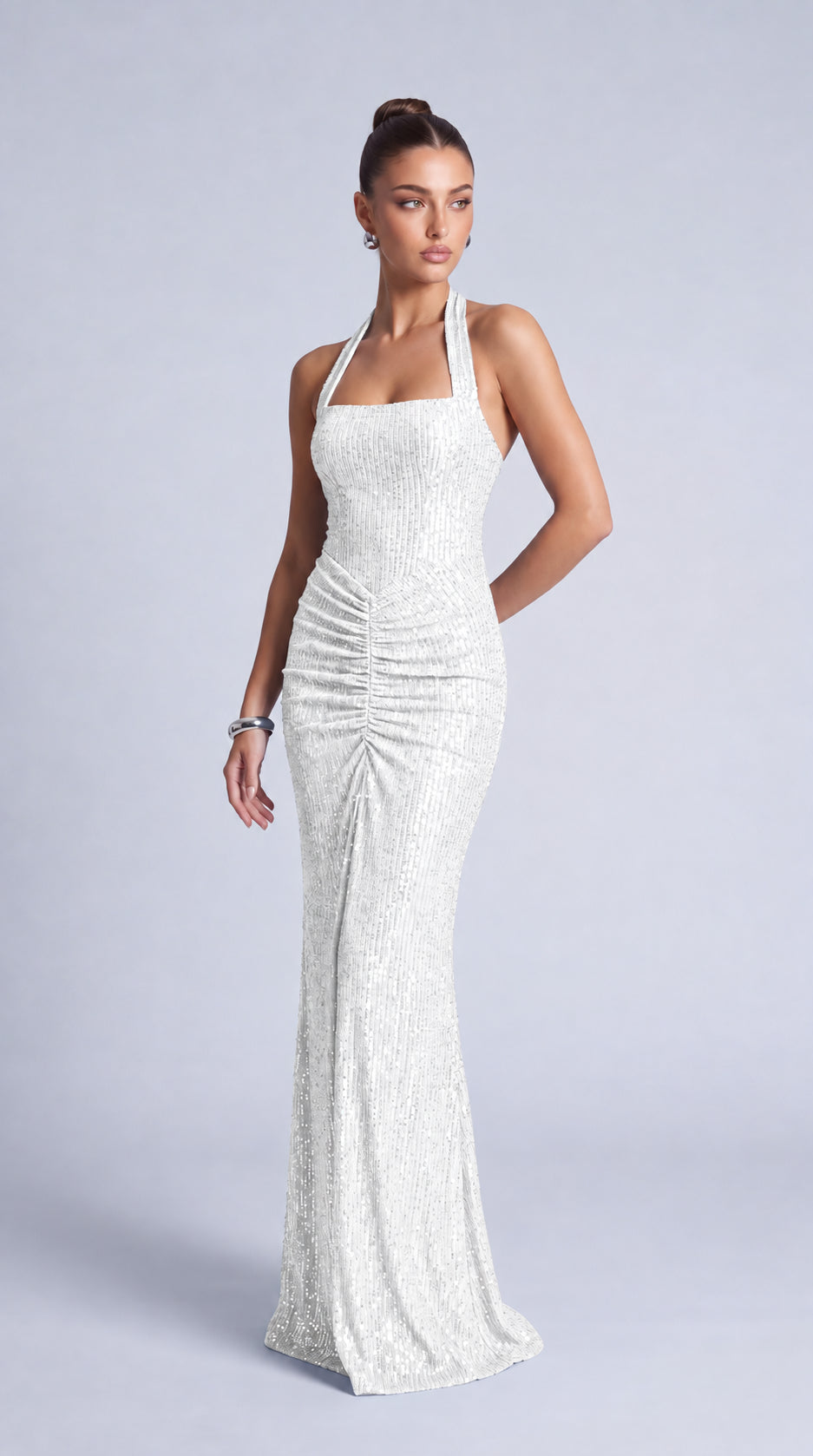 Square-Neck Halter Sequin Ruched Mermaid Gown – Prom & Evening Dress - White - View 4