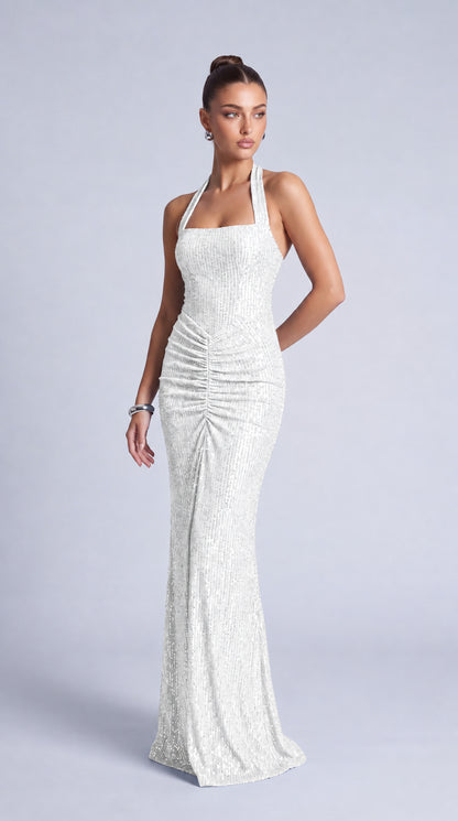 Square-Neck Halter Sequin Ruched Mermaid Gown – Prom & Evening Dress - White - View 4