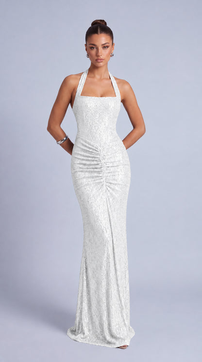 Square-Neck Halter Sequin Ruched Mermaid Gown – Prom & Evening Dress - White - View 5