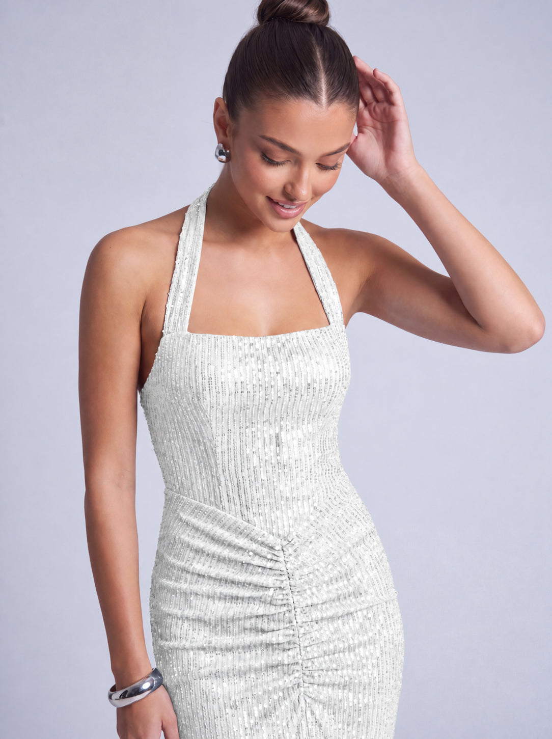 Square-Neck Halter Sequin Ruched Mermaid Gown – Prom & Evening Dress - White - View 7