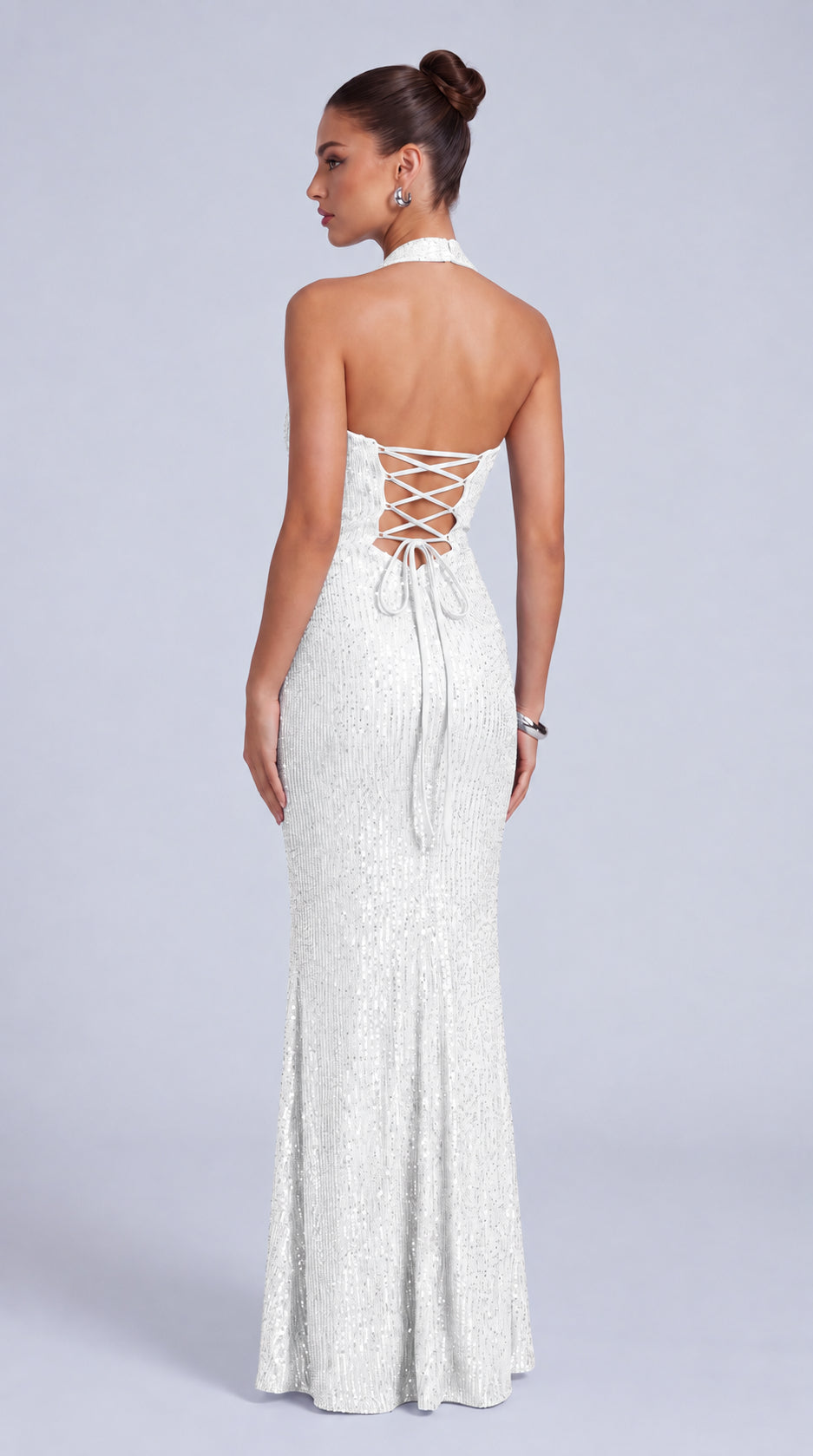 Square-Neck Halter Sequin Ruched Mermaid Gown – Prom & Evening Dress - White - View 8