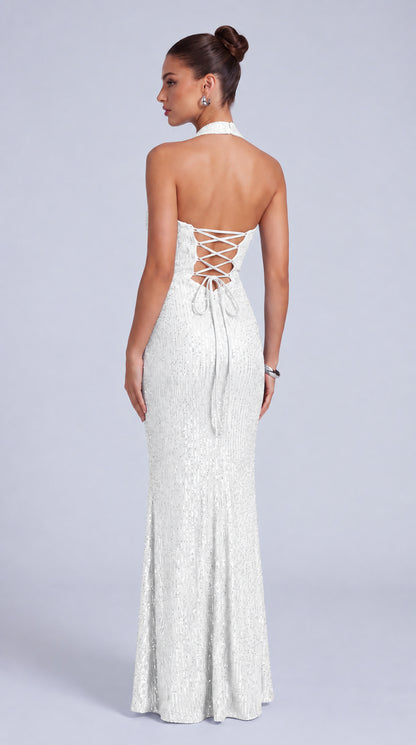 Square-Neck Halter Sequin Ruched Mermaid Gown – Prom & Evening Dress - White - View 8