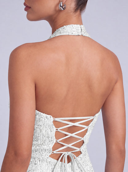 Square-Neck Halter Sequin Ruched Mermaid Gown – Prom & Evening Dress - White - View 9