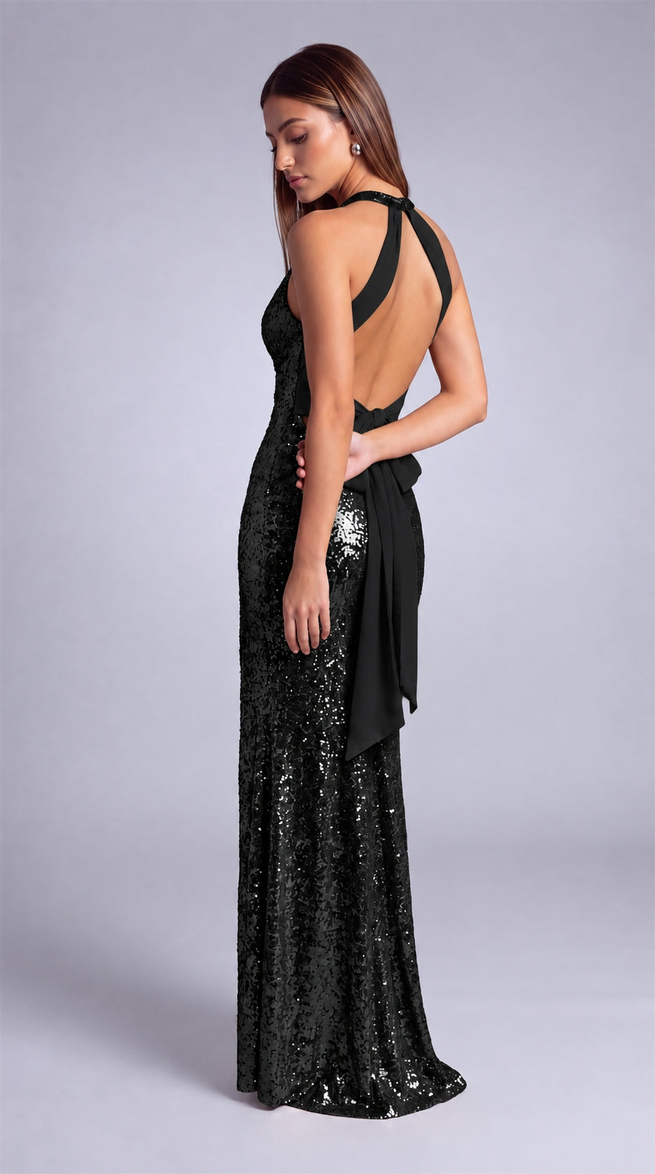 MEXMY sequin halter deep V-neck thigh-slit maxi dress in Black, view 7