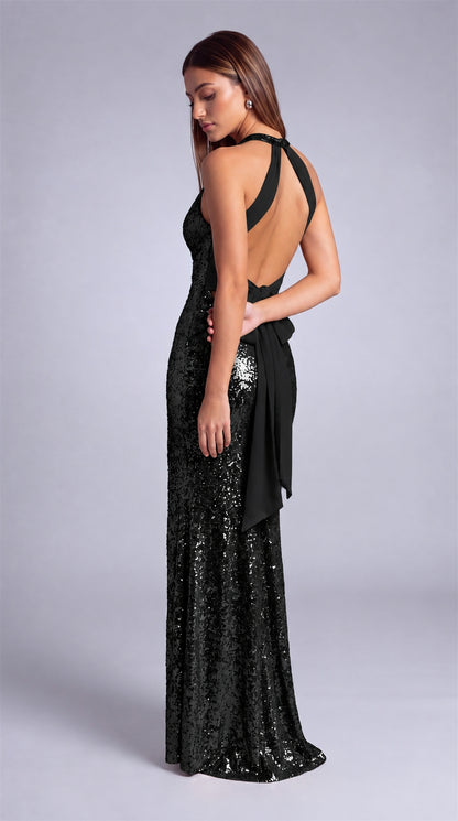 MEXMY sequin halter deep V-neck thigh-slit maxi dress in Black, view 7