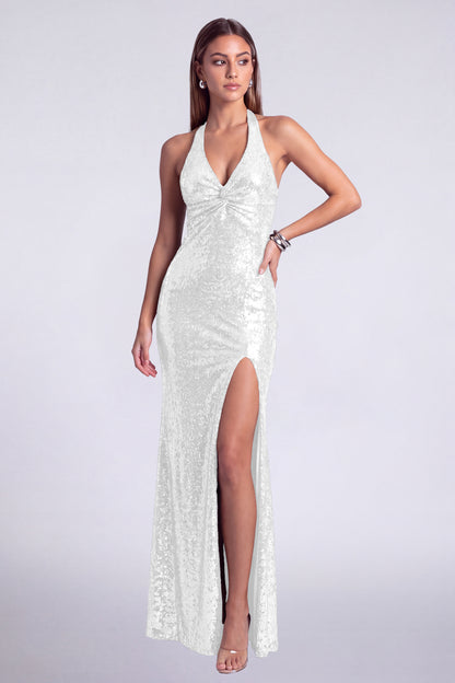 MEXMY sequin halter deep V-neck thigh-slit maxi dress in White, view 3
