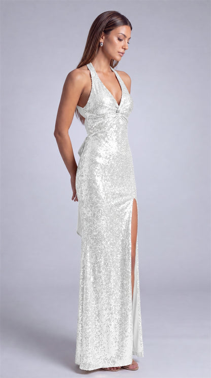 MEXMY sequin halter deep V-neck thigh-slit maxi dress in White, view 5