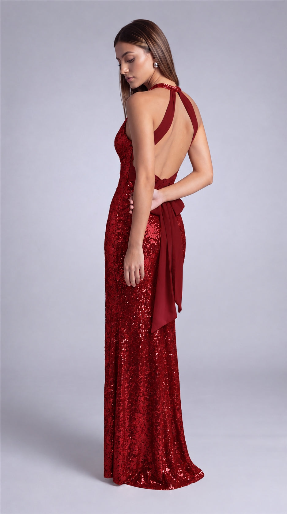 MEXMY sequin halter deep V-neck thigh-slit maxi dress in Wine Red, view 7