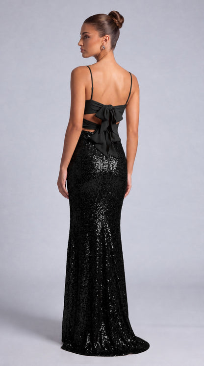 Sequin Twist-Front Bow-Back Slit Mermaid Maxi Dress – Prom & Evening Gown - Black - View 5
