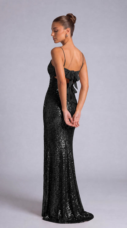 Sequin Twist-Front Bow-Back Slit Mermaid Maxi Dress – Prom & Evening Gown - Black - View 6