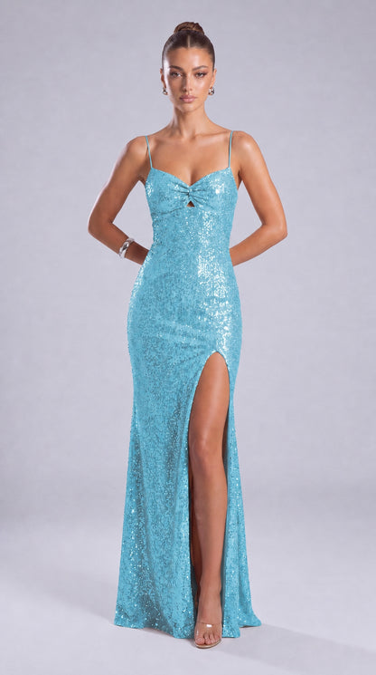 Sequin Twist-Front Bow-Back Slit Mermaid Maxi Dress – Prom & Evening Gown - Light Blue - View 3