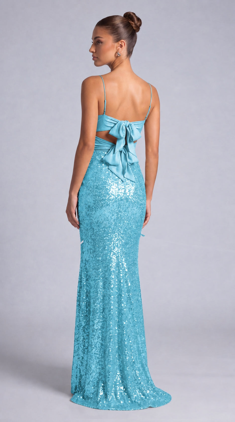Sequin Twist-Front Bow-Back Slit Mermaid Maxi Dress – Prom & Evening Gown - Light Blue - View 5