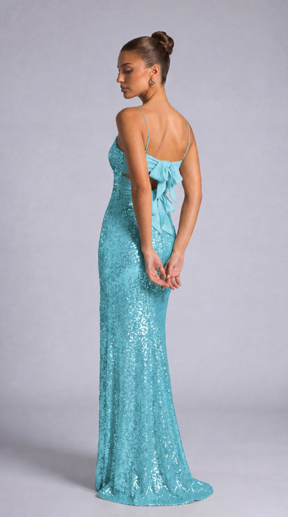 Sequin Twist-Front Bow-Back Slit Mermaid Maxi Dress – Prom & Evening Gown - Light Blue - View 6