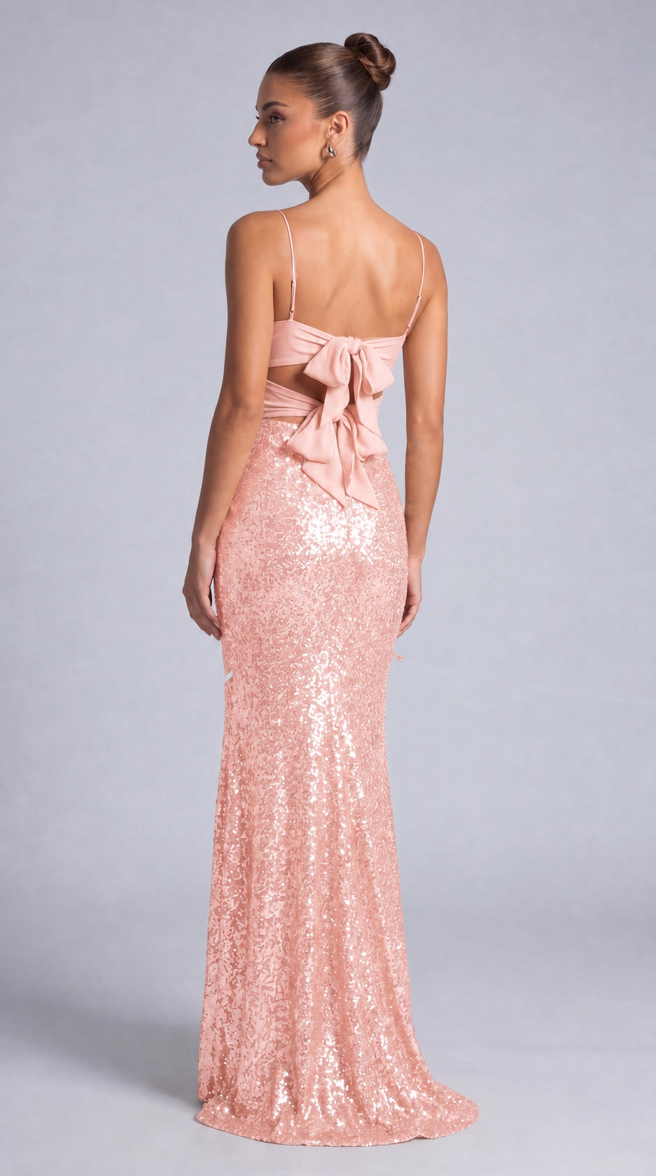 Sequin Twist-Front Bow-Back Slit Mermaid Maxi Dress – Prom & Evening Gown - Light Pink - View 5