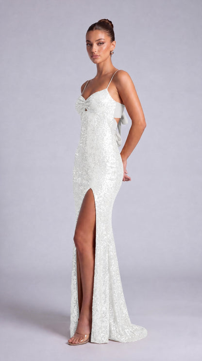 Sequin Twist-Front Bow-Back Slit Mermaid Maxi Dress – Prom & Evening Gown - White - View 4