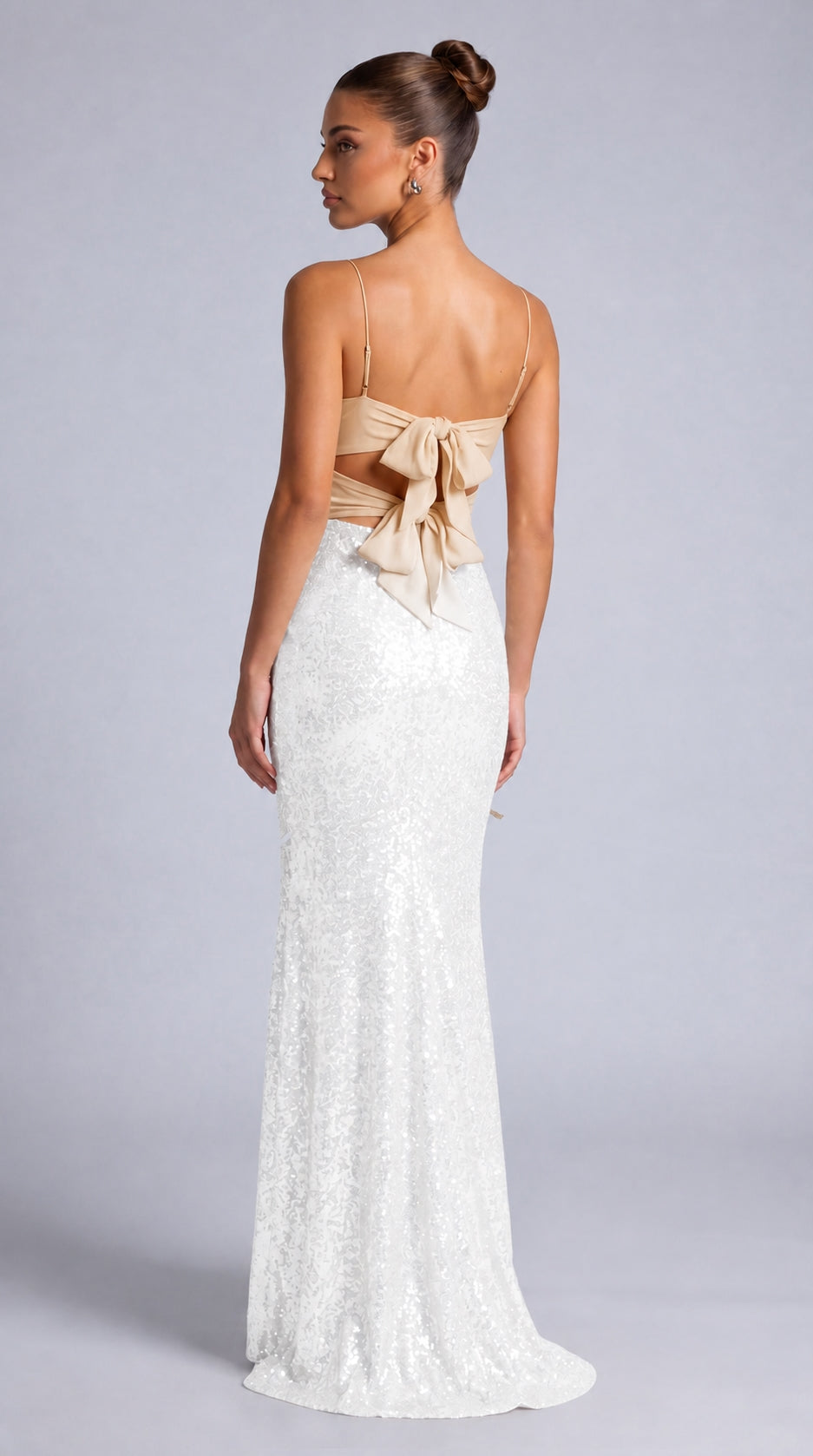 Sequin Twist-Front Bow-Back Slit Mermaid Maxi Dress – Prom & Evening Gown - White - View 5