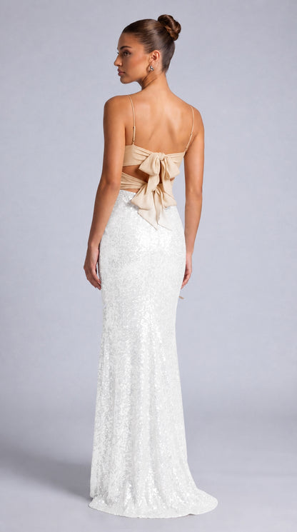 Sequin Twist-Front Bow-Back Slit Mermaid Maxi Dress – Prom & Evening Gown - White - View 5