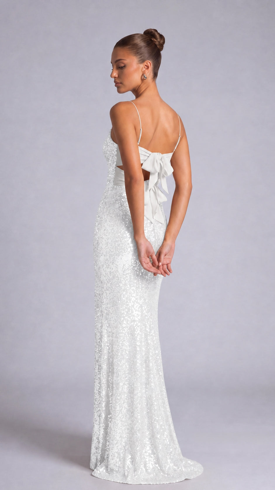 Sequin Twist-Front Bow-Back Slit Mermaid Maxi Dress – Prom & Evening Gown - White - View 6