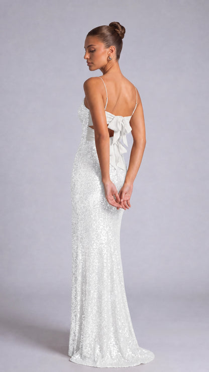 Sequin Twist-Front Bow-Back Slit Mermaid Maxi Dress – Prom & Evening Gown - White - View 6