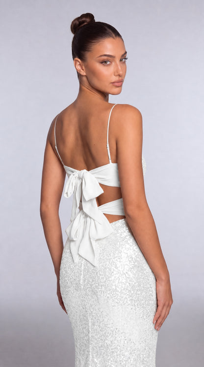 Sequin Twist-Front Bow-Back Slit Mermaid Maxi Dress – Prom & Evening Gown - White - View 8