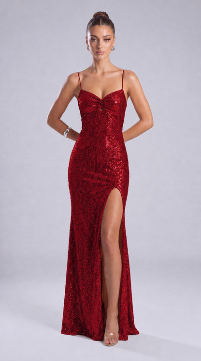 Sequin Twist-Front Bow-Back Slit Mermaid Maxi Dress – Prom & Evening Gown - Wine Red - View 3
