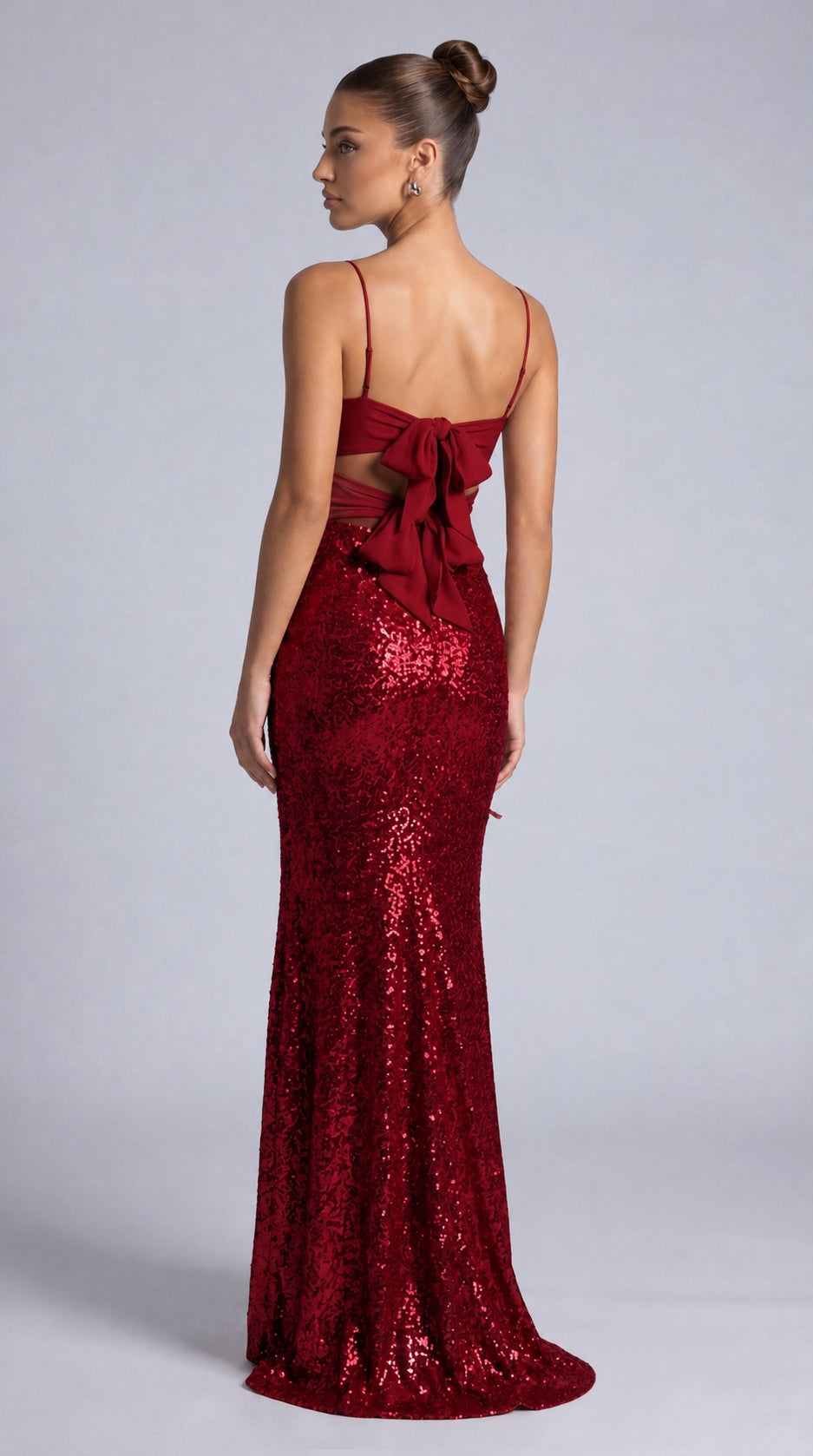 Sequin Twist-Front Bow-Back Slit Mermaid Maxi Dress – Prom & Evening Gown - Wine Red - View 5