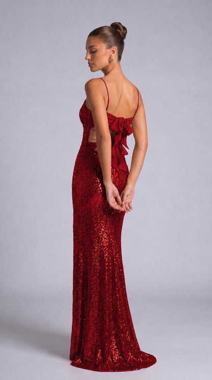 Sequin Twist-Front Bow-Back Slit Mermaid Maxi Dress – Prom & Evening Gown - Wine Red - View 6