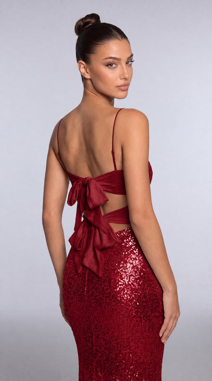 Sequin Twist-Front Bow-Back Slit Mermaid Maxi Dress – Prom & Evening Gown - Wine Red - View 8