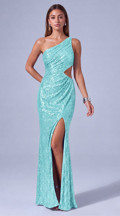 One-Shoulder Sequin Cutout Waist Mermaid Gown with Slit – Prom & Evening Dress - Light Blue - View 1