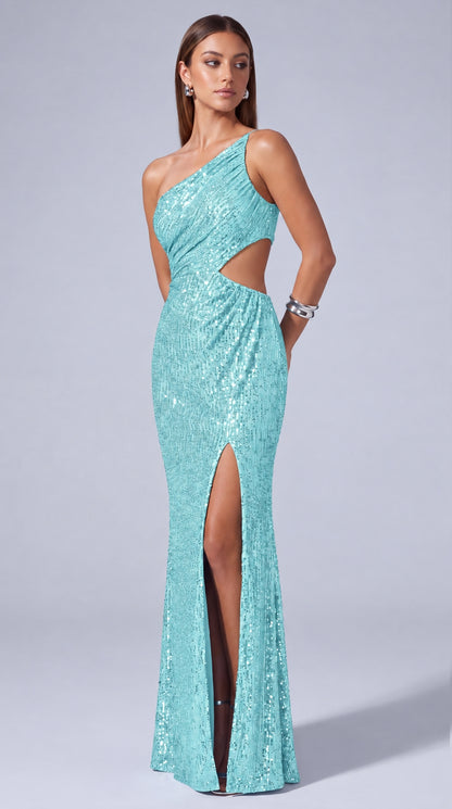 One-Shoulder Sequin Cutout Waist Mermaid Gown with Slit – Prom & Evening Dress - Light Blue - View 3