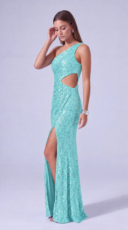 One-Shoulder Sequin Cutout Waist Mermaid Gown with Slit – Prom & Evening Dress - Light Blue - View 6