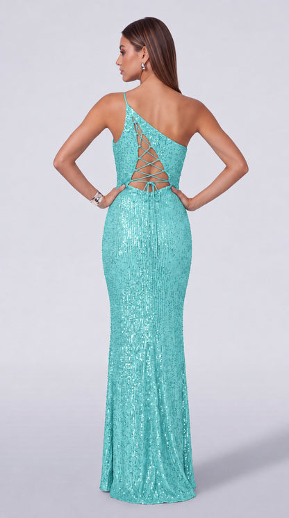 One-Shoulder Sequin Cutout Waist Mermaid Gown with Slit – Prom & Evening Dress - Light Blue - View 8