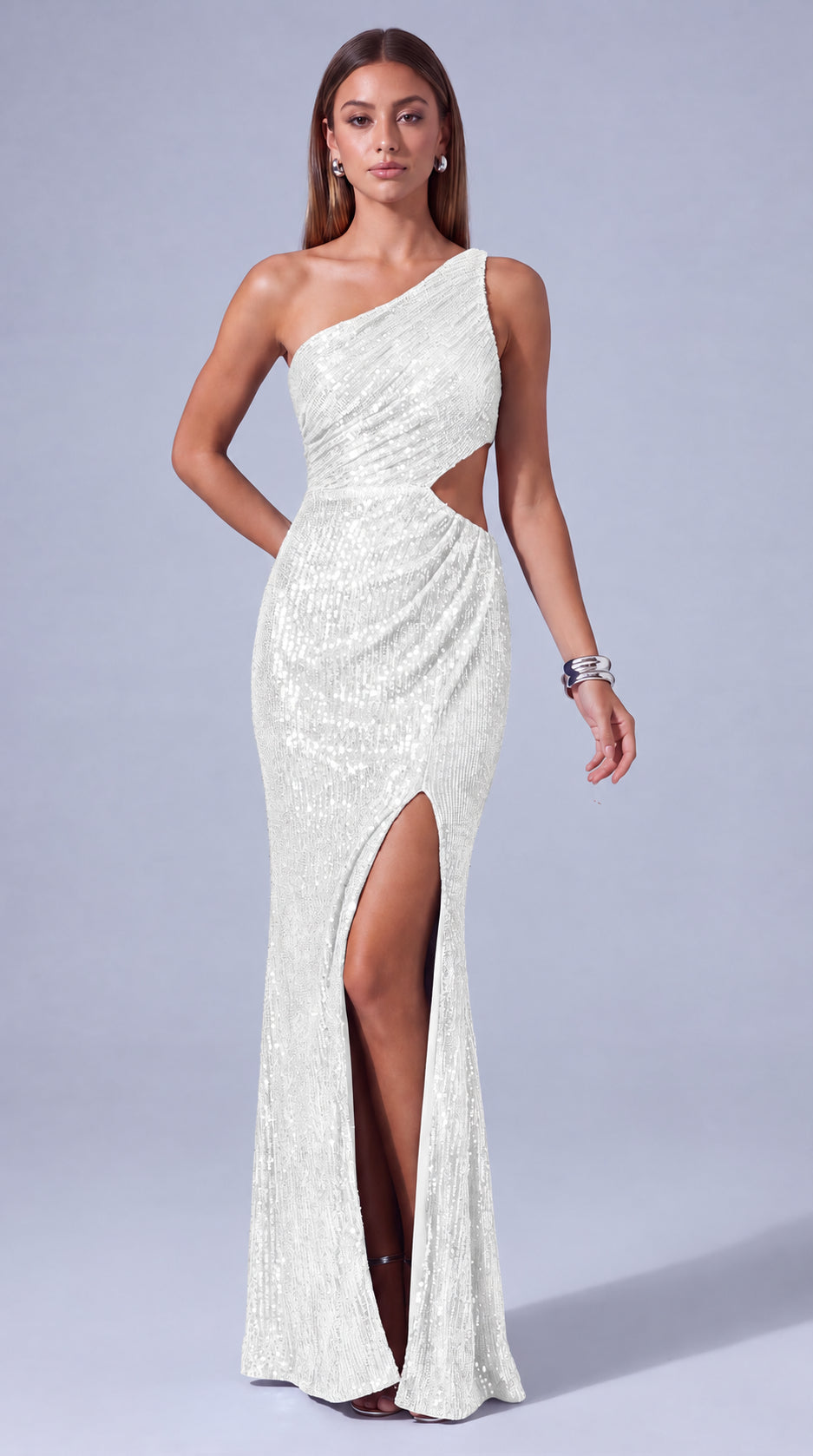 One-Shoulder Sequin Cutout Waist Mermaid Gown with Slit – Prom & Evening Dress - White - View 1