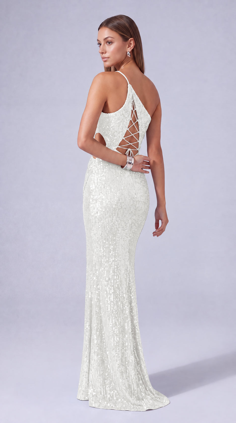 One-Shoulder Sequin Cutout Waist Mermaid Gown with Slit – Prom & Evening Dress - White - View 5